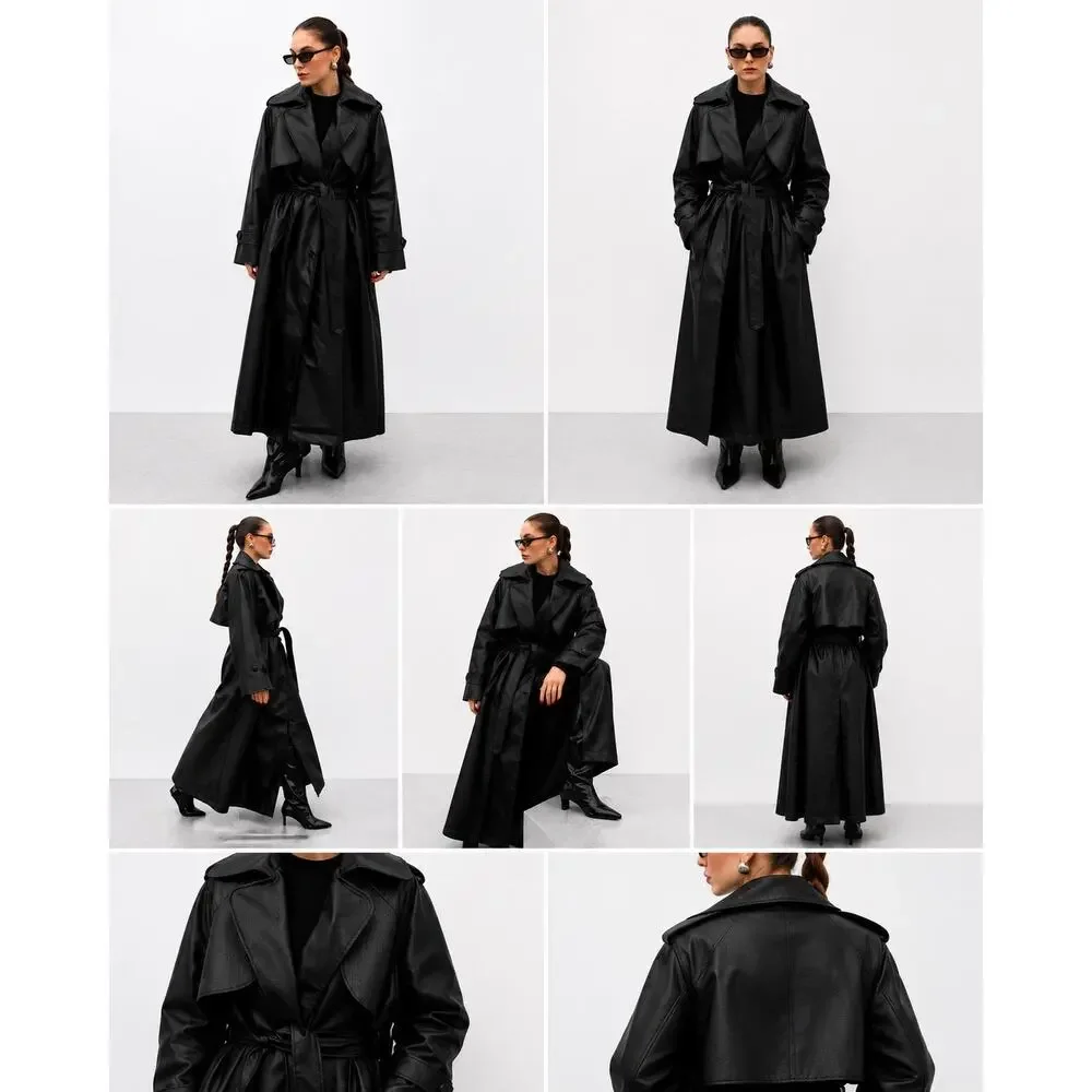 Black Faux Leather Trench Coat Women Long Belted Classic Jacket Stylish - Picture 12 of 12